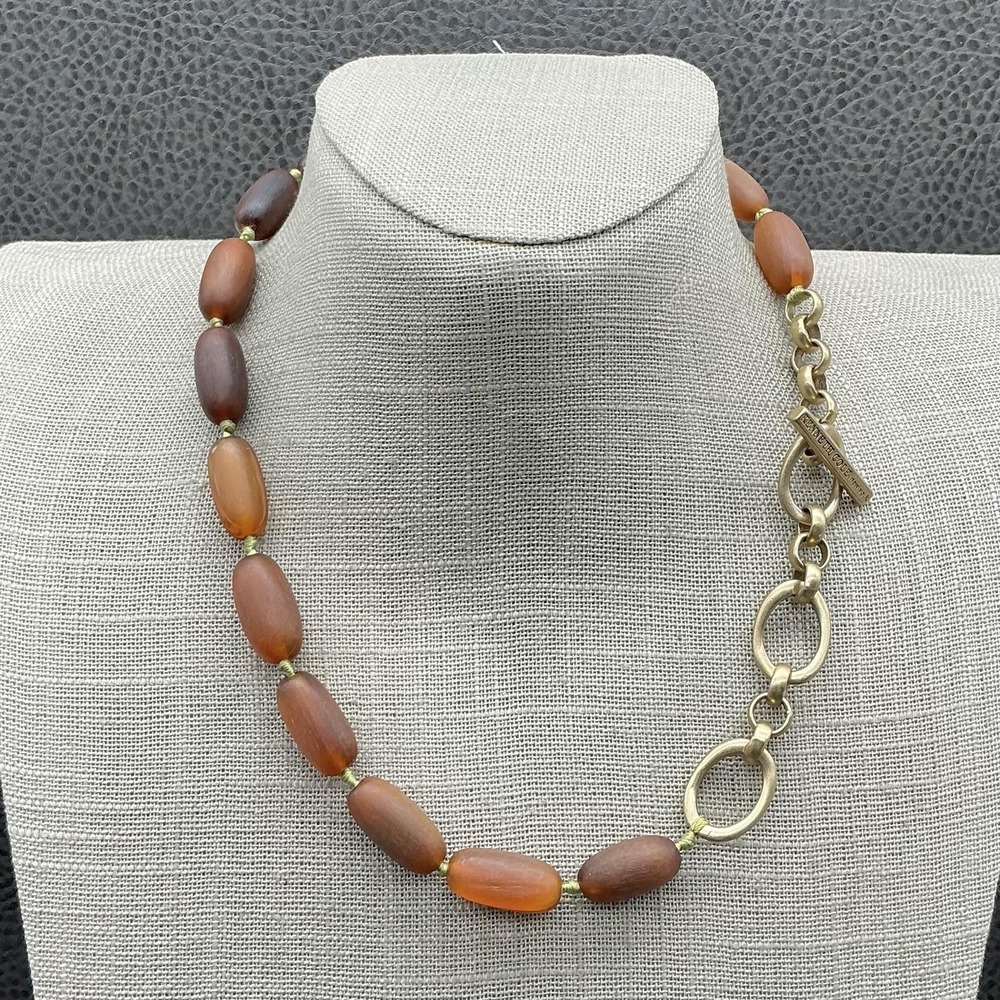 Kenneth Cole New York Necklace Brown Wood Beads Gold Tone Chain Toggle Clasp